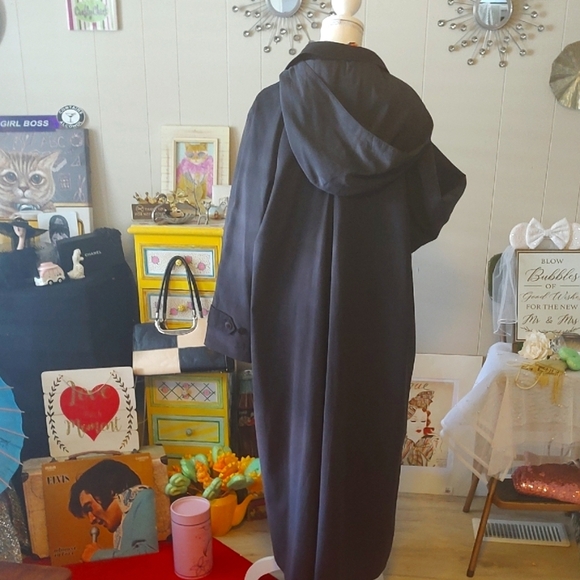 London Fog Black Faux Suede Water Resistent Hooded Trench Coat SZ Medium - Picture 8 of 14